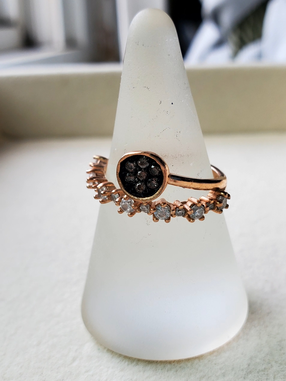925 Sterling Silver Rose Gold-Plated CZ & Black Druzy Style Ring